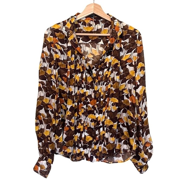 Gucci Tops - Gucci Silk Blouse Button Down Mock Neck Leaf Print Logo Pleated Brown Cream 4